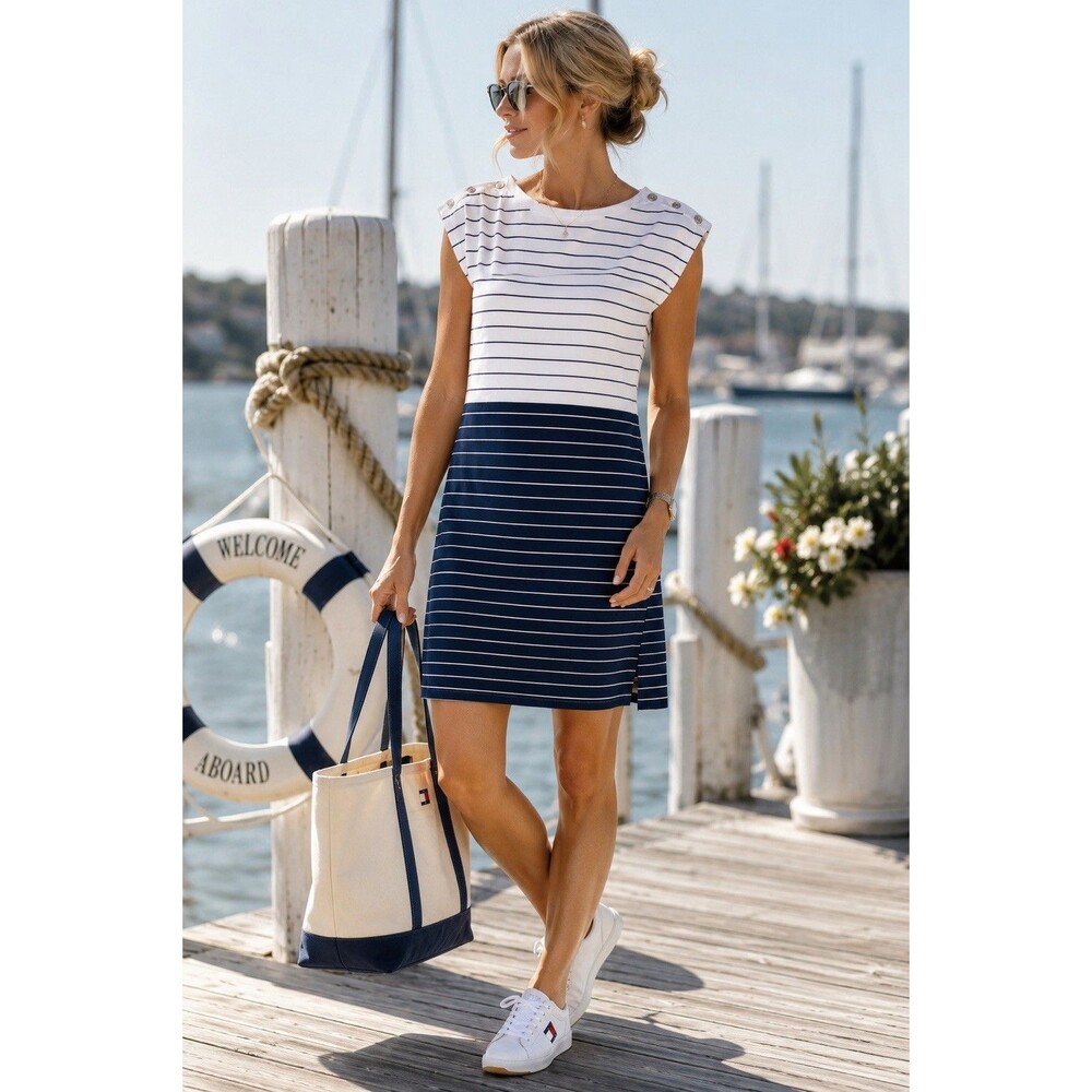 Tommy Hilfiger Nautical Stripe Sheath Dress Silver Buttons Women’s L